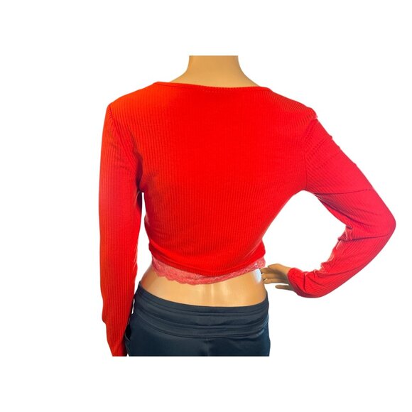 Womens Long Sleeve Ribbed Cropped Top Medium Lace Trim Red Y2K Skater - Picture 3 of 4